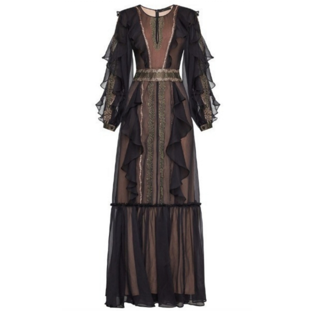 🆕️⬇️🎉HOST PICK🎉 BCBGMaxAzria Chiffon Embroidered Ruffle Maxi Dress - Picture 9 of 9